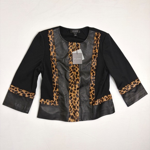 St. John Jackets & Blazers - NWT St. John Collection Blazer Women 8 Black Leather Leopard Wool Silk Jacket